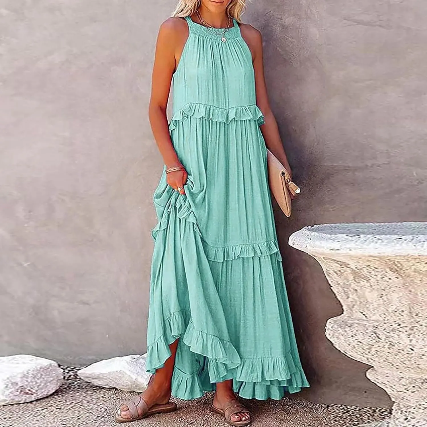 Summer Dresses for Women 2024 Halter Tie Back Loose Flowy Ruffle Tiered Maxi Dress Beach Swing Long Dress Sundress
