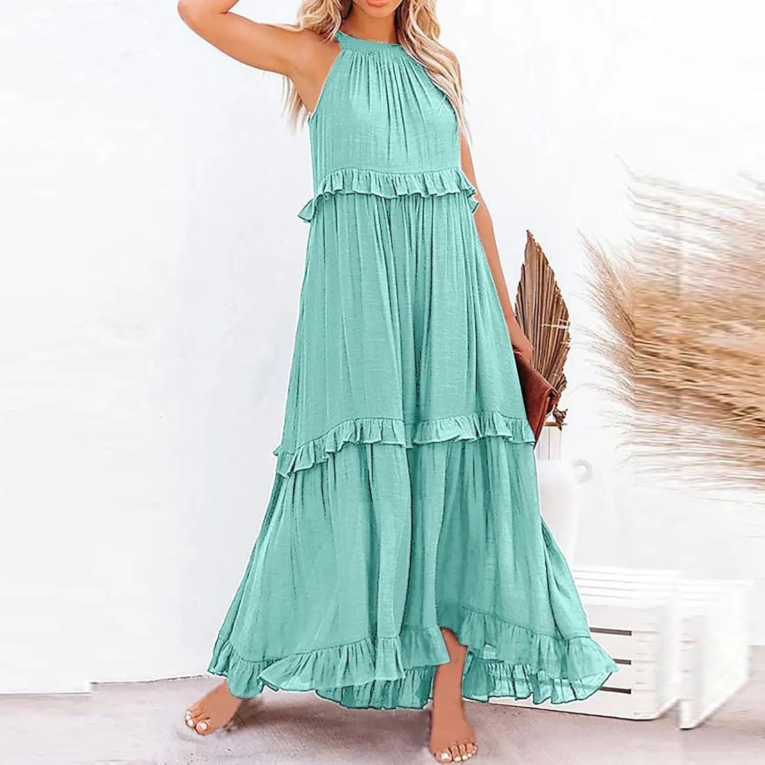 Summer Dresses for Women 2024 Halter Tie Back Loose Flowy Ruffle Tiered Maxi Dress Beach Swing Long Dress Sundress