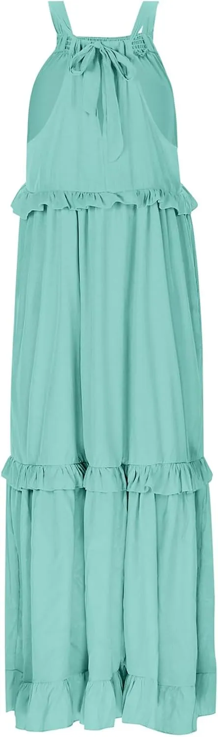Summer Dresses for Women 2024 Halter Tie Back Loose Flowy Ruffle Tiered Maxi Dress Beach Swing Long Dress Sundress