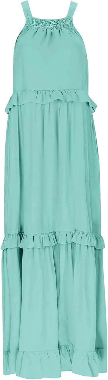 Summer Dresses for Women 2024 Halter Tie Back Loose Flowy Ruffle Tiered Maxi Dress Beach Swing Long Dress Sundress