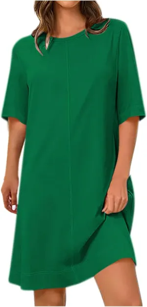 Summer Dresses for Women 2025 Casual Short Sleeve Solid Color Sundress Loose Fit Round Neck Vacation Beach Dress