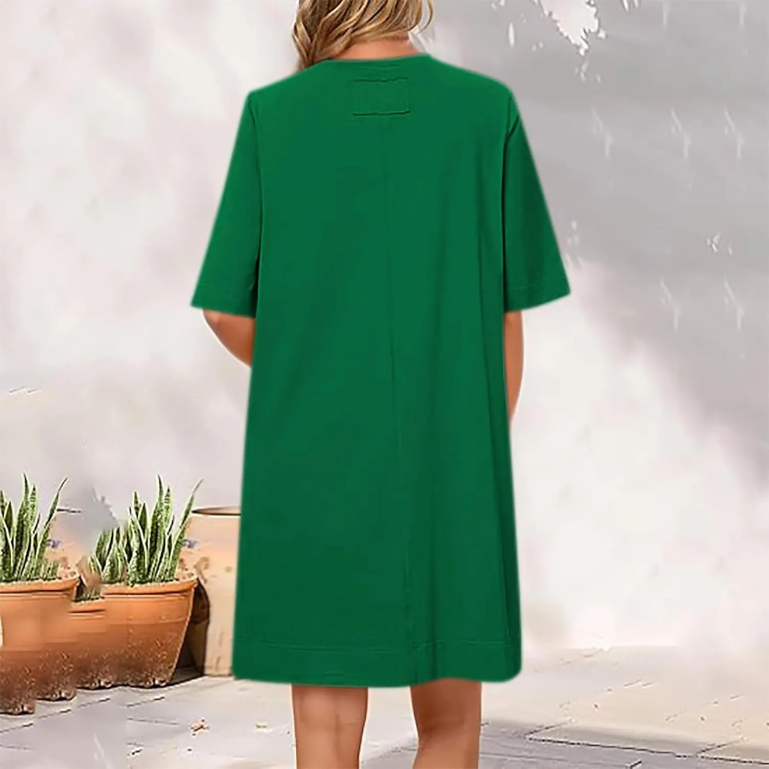 Summer Dresses for Women 2025 Casual Short Sleeve Solid Color Sundress Loose Fit Round Neck Vacation Beach Dress