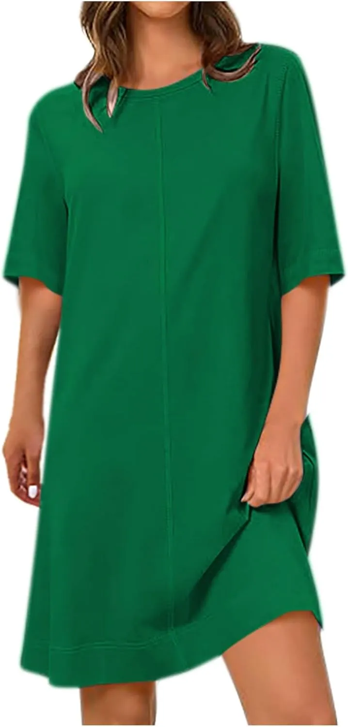 Summer Dresses for Women 2025 Casual Short Sleeve Solid Color Sundress Loose Fit Round Neck Vacation Beach Dress