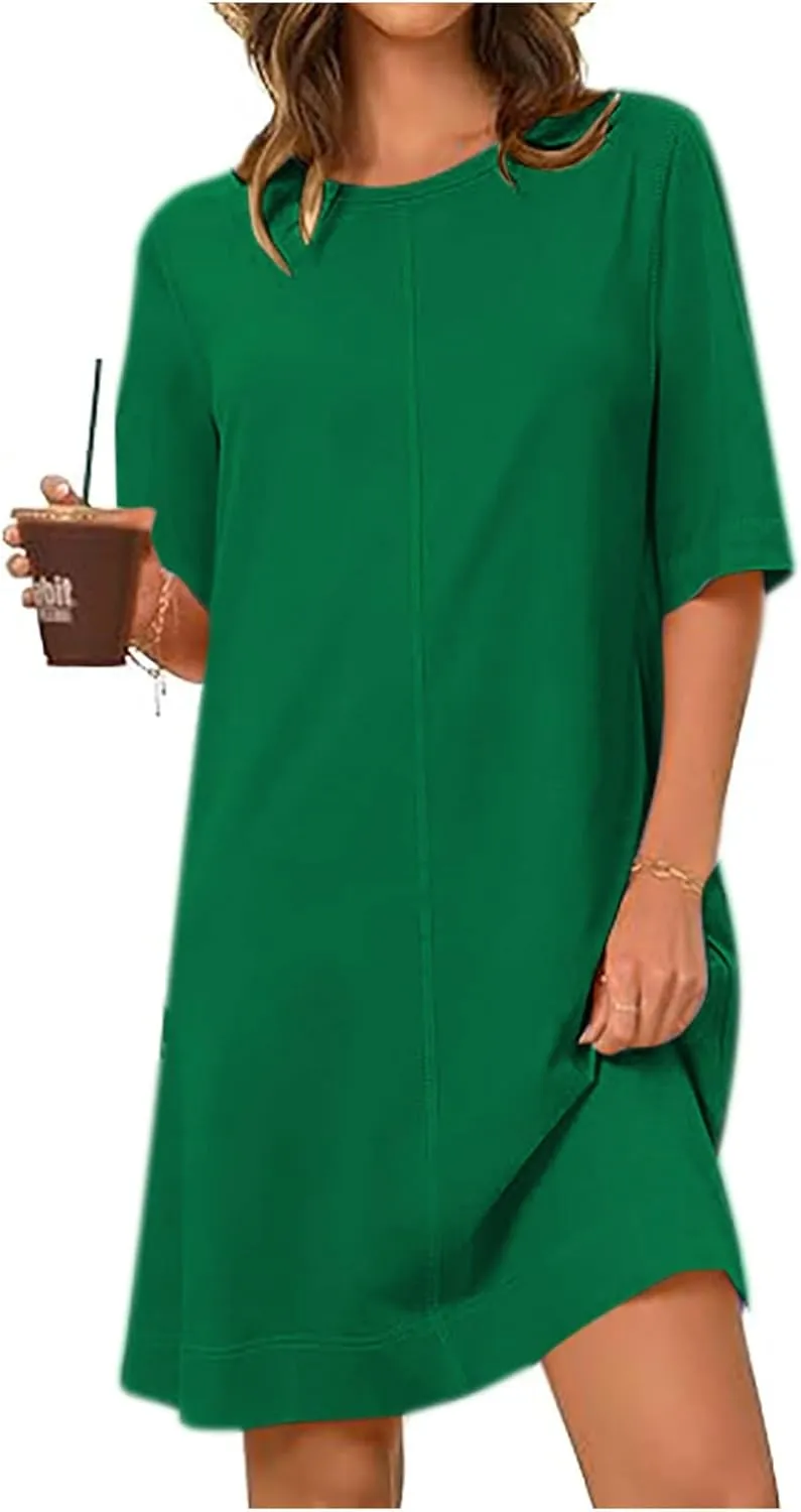Summer Dresses for Women 2025 Casual Short Sleeve Solid Color Sundress Loose Fit Round Neck Vacation Beach Dress