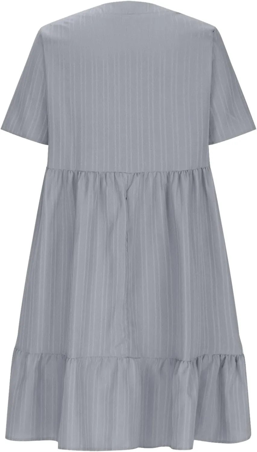 Summer Dresses for Women 2025 Casual Short Sleeve V Neck Sundress Ruffle Hem Smocked Swing Mini Dress Resort Wear