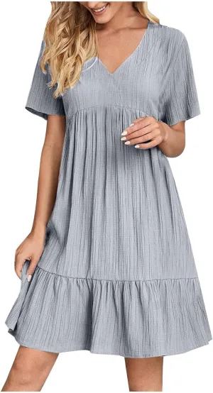Summer Dresses for Women 2025 Casual Short Sleeve V Neck Sundress Ruffle Hem Smocked Swing Mini Dress Resort Wear