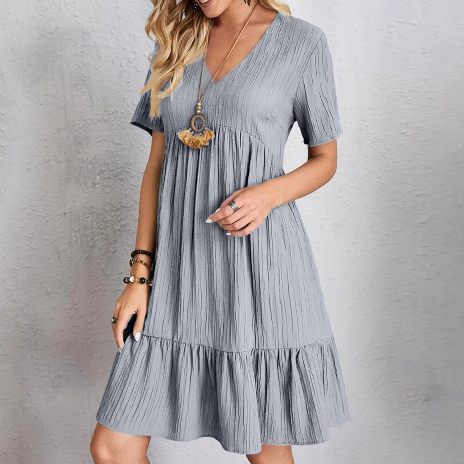 Summer Dresses for Women 2025 Casual Short Sleeve V Neck Sundress Ruffle Hem Smocked Swing Mini Dress Resort Wear