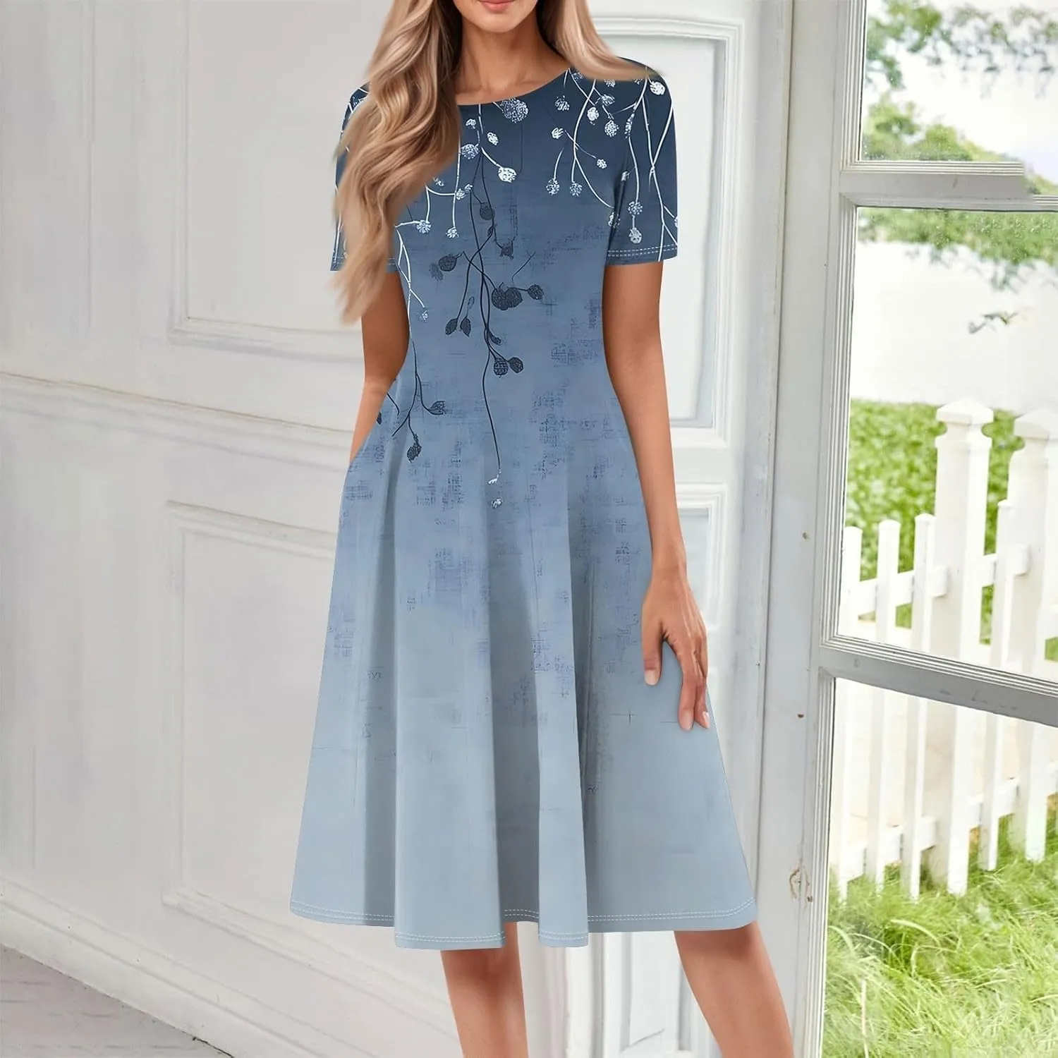 Summer Dresses for Women 2025 Elegant Short Sleeve Crewneck Flowy Midi Dress Casual Pleated Plus Size Beach Sundress