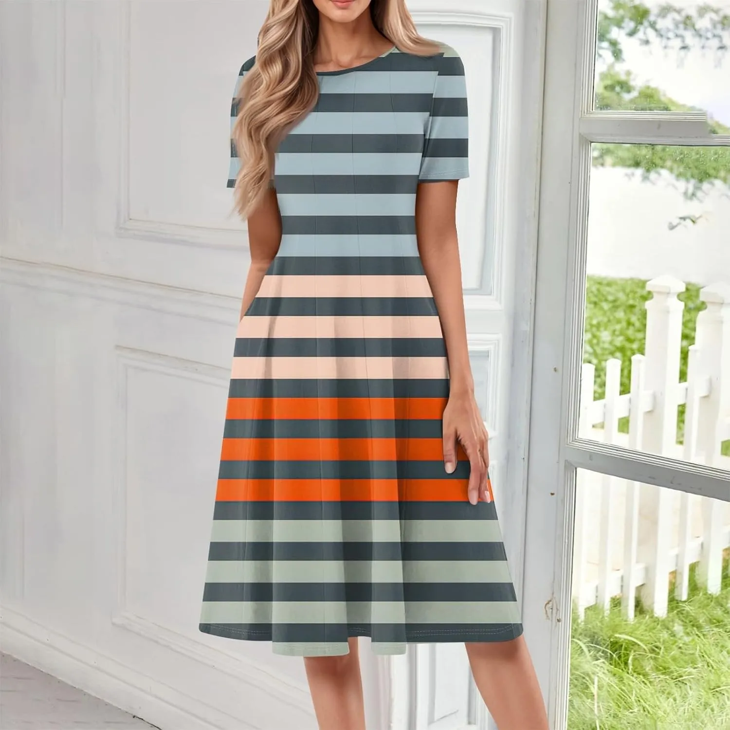 Summer Dresses for Women 2025 Elegant Short Sleeve Crewneck Flowy Midi Dress Casual Pleated Plus Size Beach Sundress