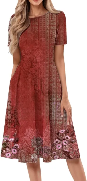 Summer Dresses for Women 2025 Elegant Short Sleeve Crewneck Flowy Midi Dress Casual Pleated Plus Size Beach Sundress