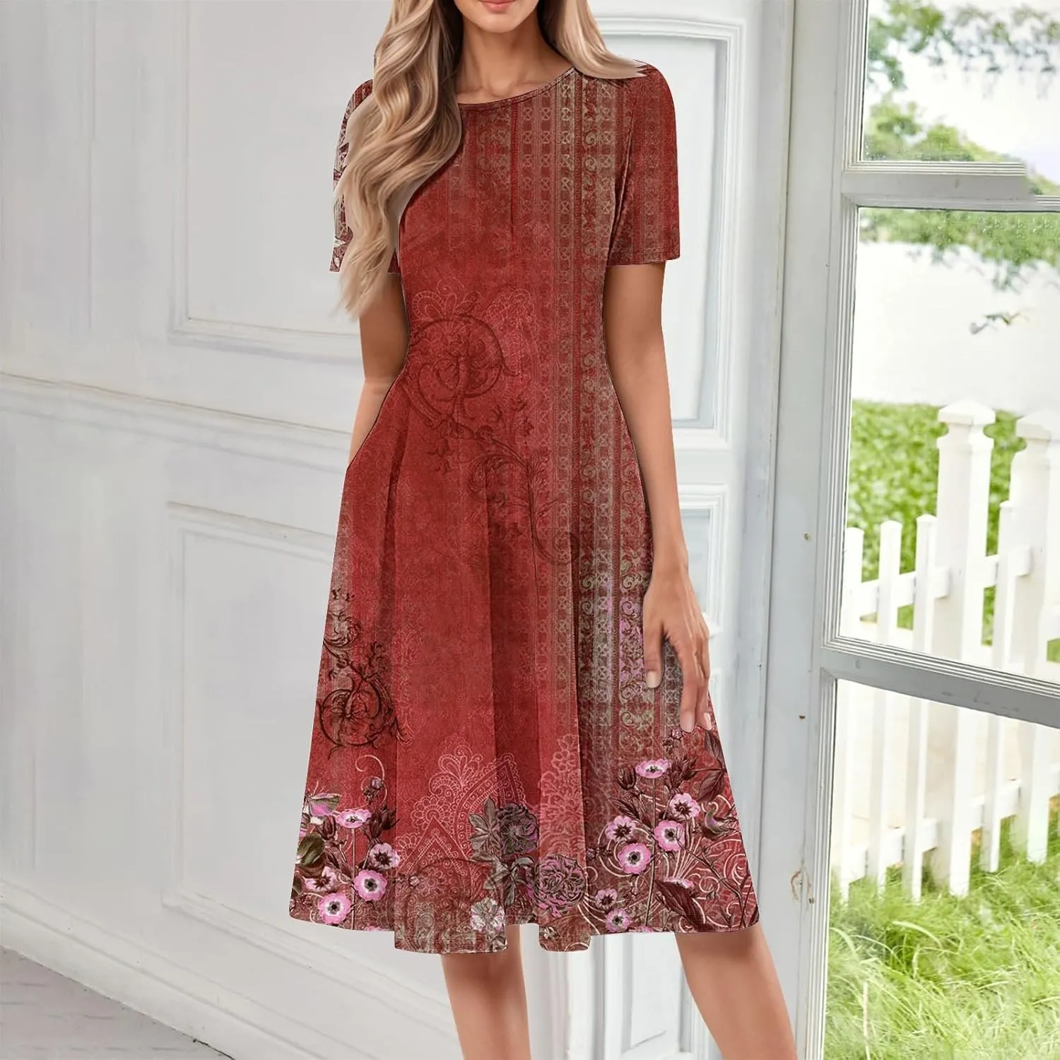 Summer Dresses for Women 2025 Elegant Short Sleeve Crewneck Flowy Midi Dress Casual Pleated Plus Size Beach Sundress