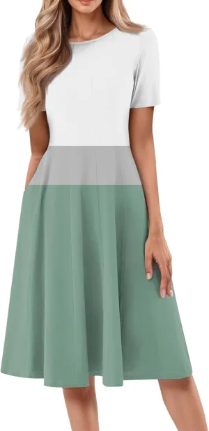 Summer Dresses for Women 2025 Elegant Short Sleeve Crewneck Flowy Midi Dress Casual Pleated Plus Size Beach Sundress