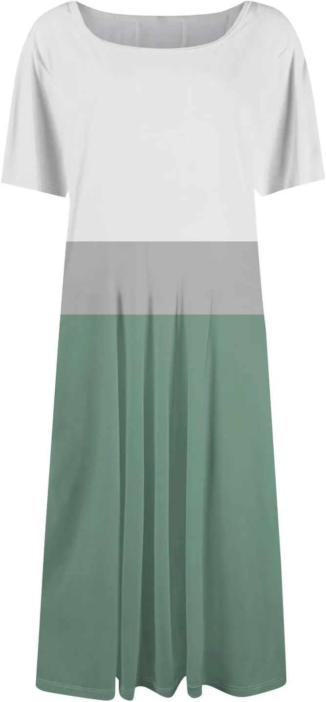 Summer Dresses for Women 2025 Elegant Short Sleeve Crewneck Flowy Midi Dress Casual Pleated Plus Size Beach Sundress