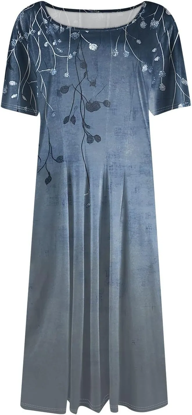 Summer Dresses for Women 2025 Elegant Short Sleeve Crewneck Flowy Midi Dress Casual Pleated Plus Size Beach Sundress