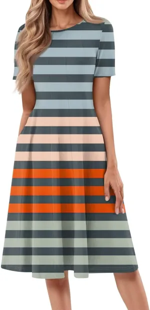 Summer Dresses for Women 2025 Elegant Short Sleeve Crewneck Flowy Midi Dress Casual Pleated Plus Size Beach Sundress
