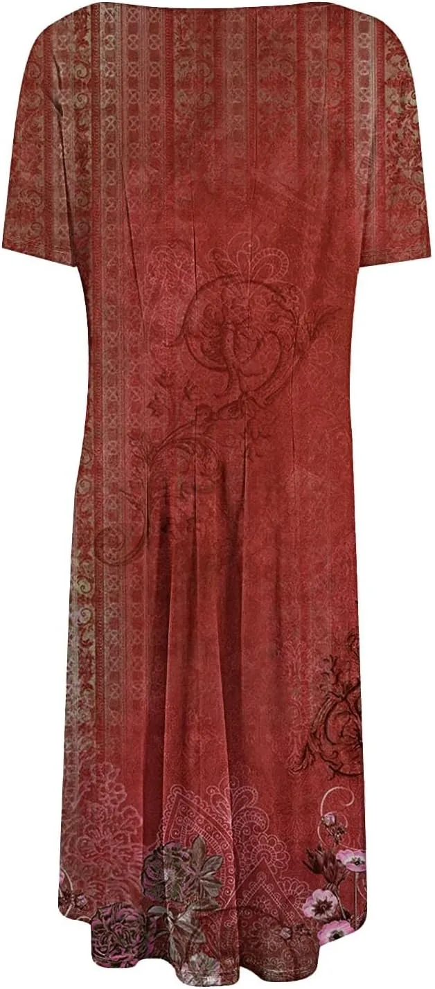Summer Dresses for Women 2025 Elegant Short Sleeve Crewneck Flowy Midi Dress Casual Pleated Plus Size Beach Sundress
