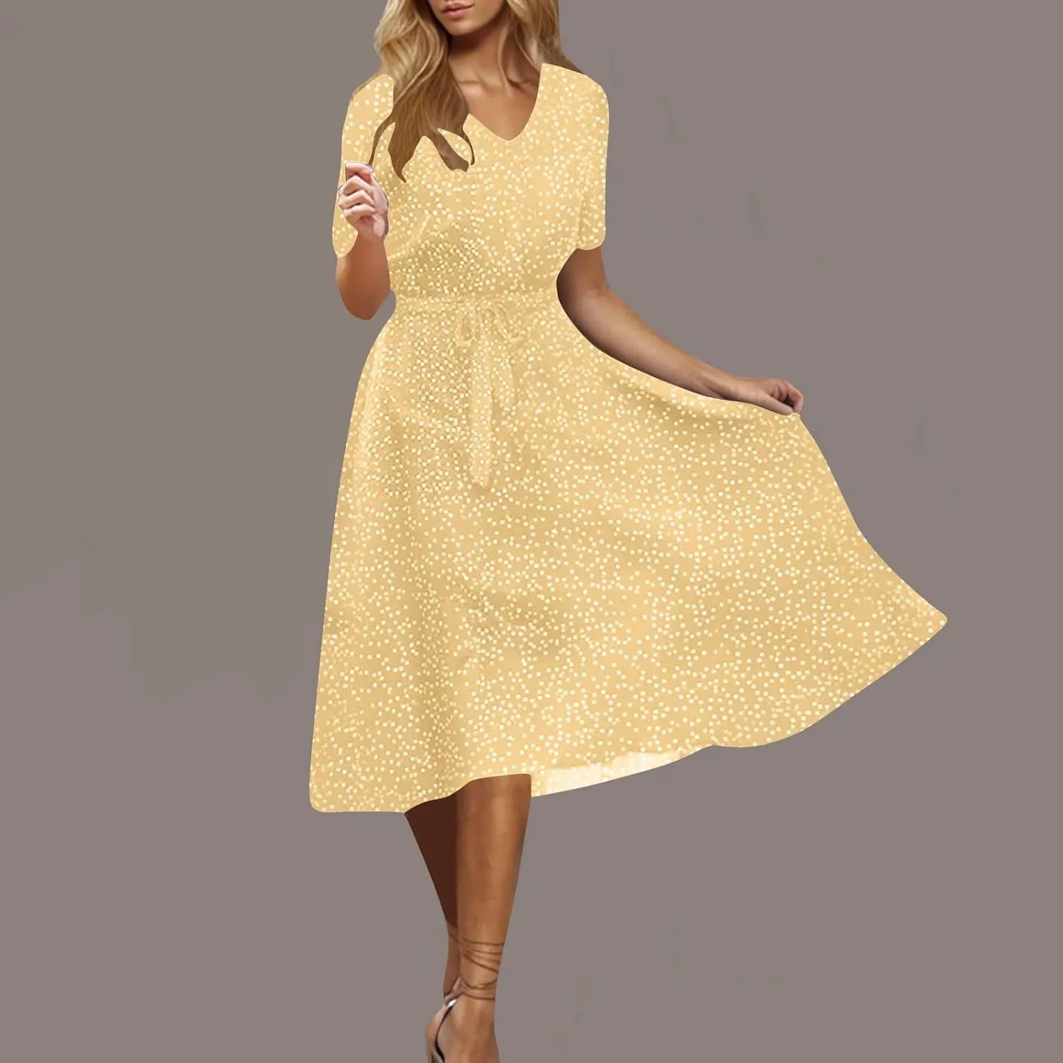 Summer Dresses for Women 2025 Short Sleeve Polka Dot Midi Dress V Neck A Line Sundress Beach Vacation Flowy Dresses