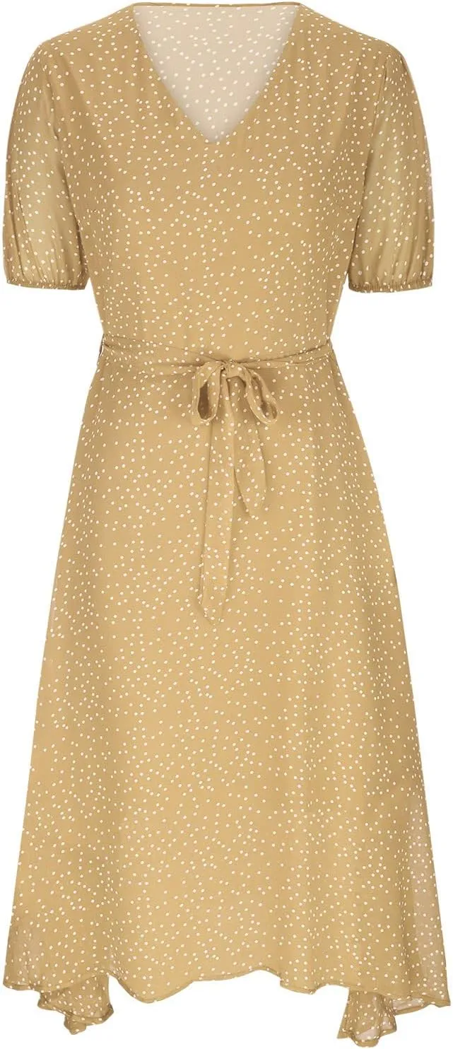 Summer Dresses for Women 2025 Short Sleeve Polka Dot Midi Dress V Neck A Line Sundress Beach Vacation Flowy Dresses