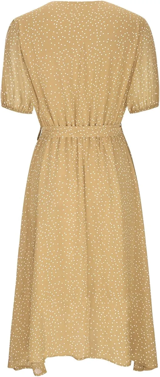 Summer Dresses for Women 2025 Short Sleeve Polka Dot Midi Dress V Neck A Line Sundress Beach Vacation Flowy Dresses