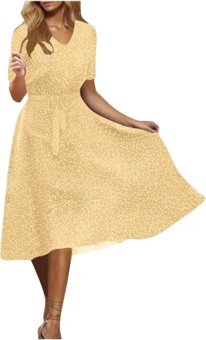 Summer Dresses for Women 2025 Short Sleeve Polka Dot Midi Dress V Neck A Line Sundress Beach Vacation Flowy Dresses