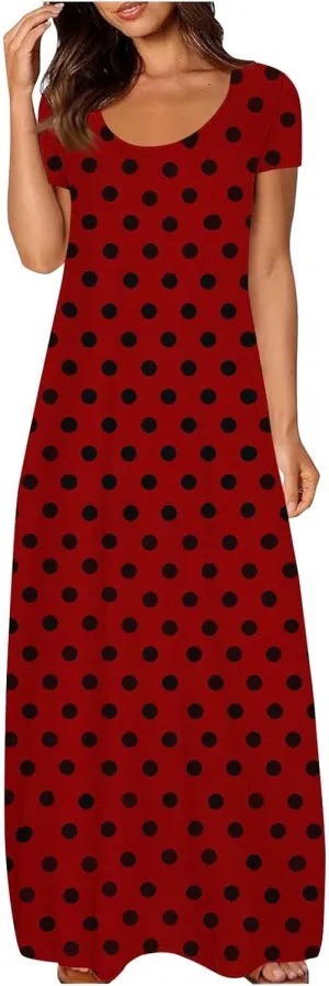Summer Dresses for Women 2025 Trendy Boho Polkadot Print Cap Sleeve Round-Neck Plus Size Maxi Dress Beach Sundress