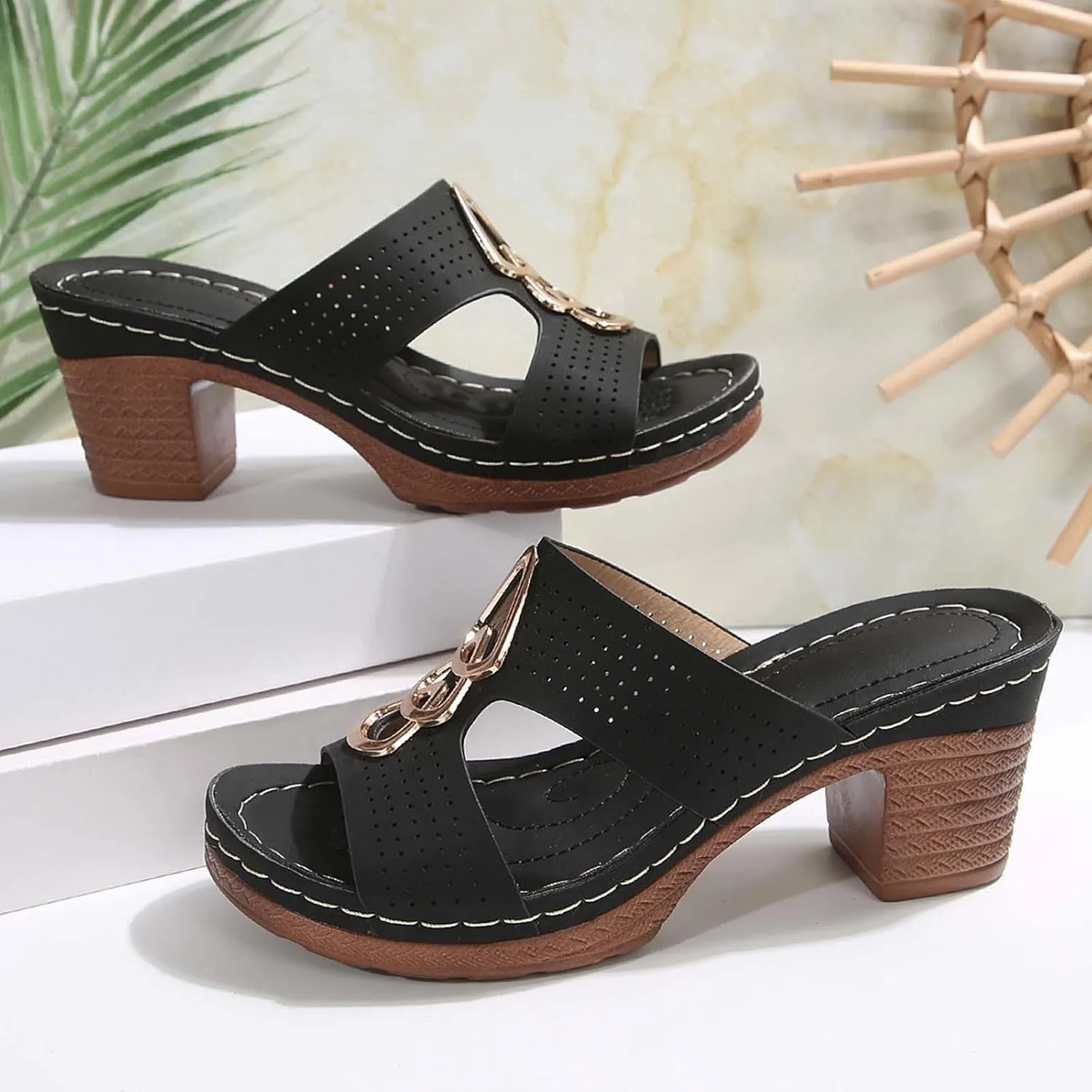 Summer Sandals For Women 2025 Dressy Wedge Womens Heels Slide On Block Chunky Platform High Heels Open Toe Shoes
