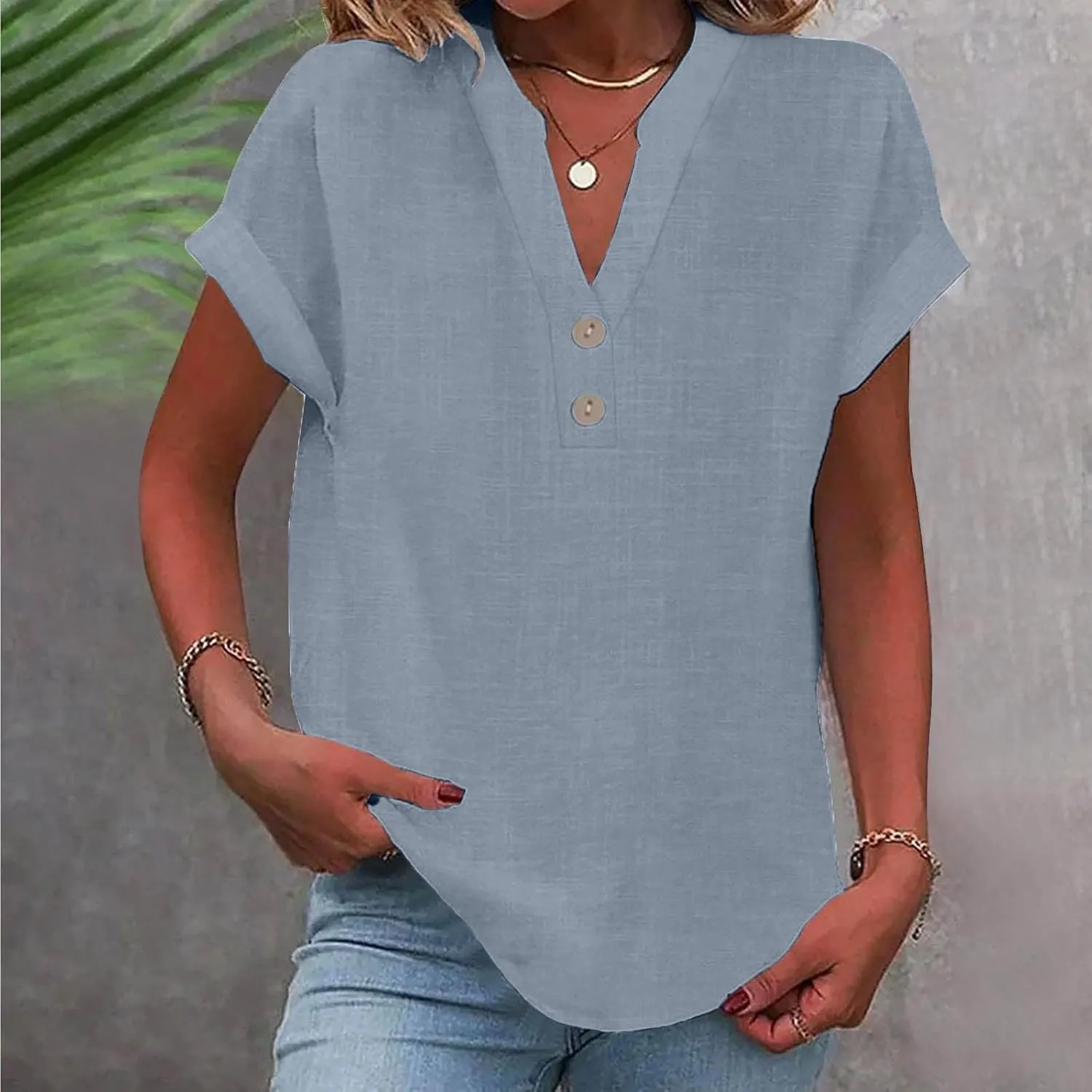 Summer Tops for Women 2025 Trendy Short Sleeve Cotton Linen Tops Button up Henley V Neck Shirts Vacation Beach Clothes