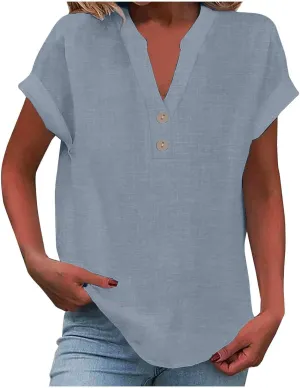 Summer Tops for Women 2025 Trendy Short Sleeve Cotton Linen Tops Button up Henley V Neck Shirts Vacation Beach Clothes