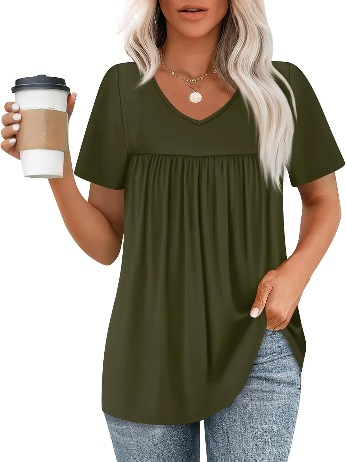 Summer Tops for Women 2025 Trendy V Neck Short Sleeve Pleated Front Shirts Dressy Casual Blouses Loose Fit Tunics
