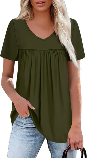 Summer Tops for Women 2025 Trendy V Neck Short Sleeve Pleated Front Shirts Dressy Casual Blouses Loose Fit Tunics
