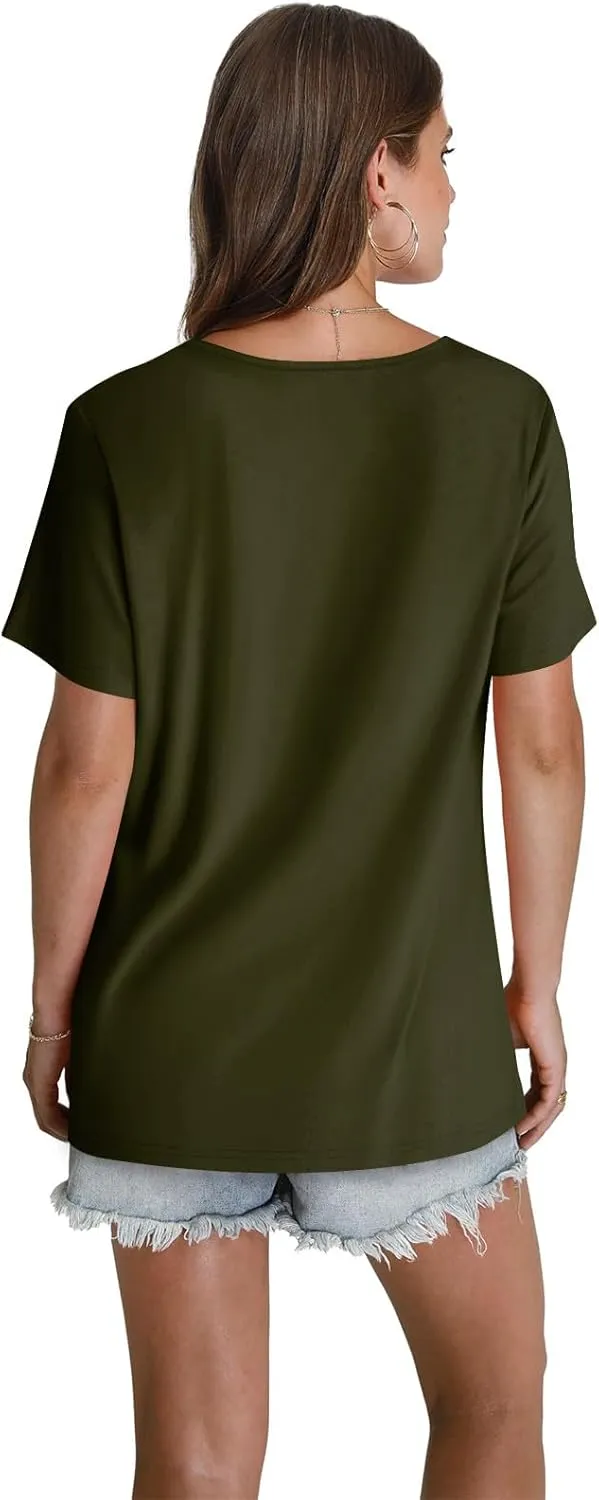Summer Tops for Women 2025 Trendy V Neck Short Sleeve Pleated Front Shirts Dressy Casual Blouses Loose Fit Tunics