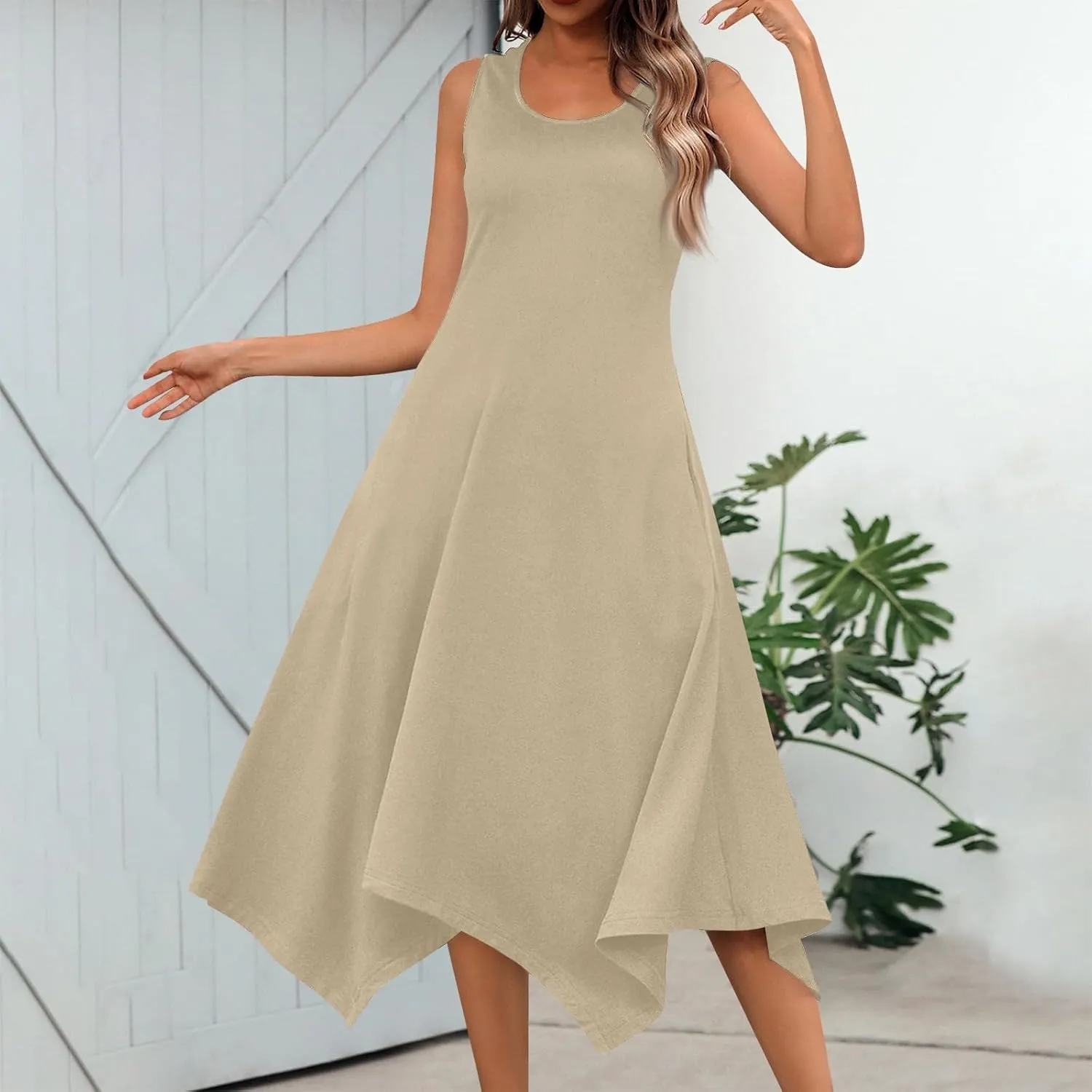 Sundresses for Women Summer Fashion Round Neck Sleeveless Floral Hawaiian Print Irregular Hem Midi Dresses