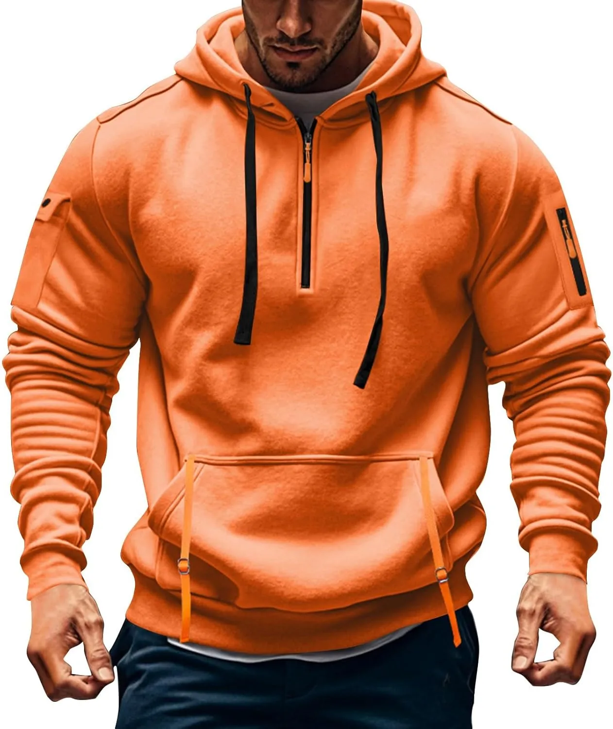 Sweatshirt Mens 1/4 Zip Vintage Basic Military Drawstring Mens Sweatshirt Lightweight Comfort Hoodie with Pockets