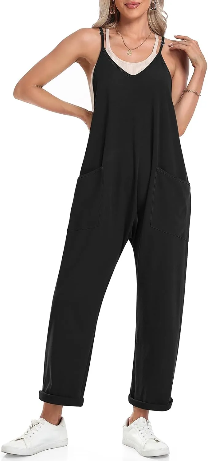 TARSE Women's Sleeveless Jumpsuits V Neck Harem Overalls Causal Adjustable Straps Stretchy Comfy Romper with Pockets 2025