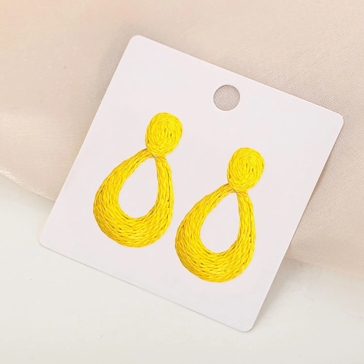 Teardrop Handmade Statement Raffia Earrings Cute Boho Rattan Dangle Earrings Lightweight Straw Wrap Summer Drop Dangling Earrings for Women