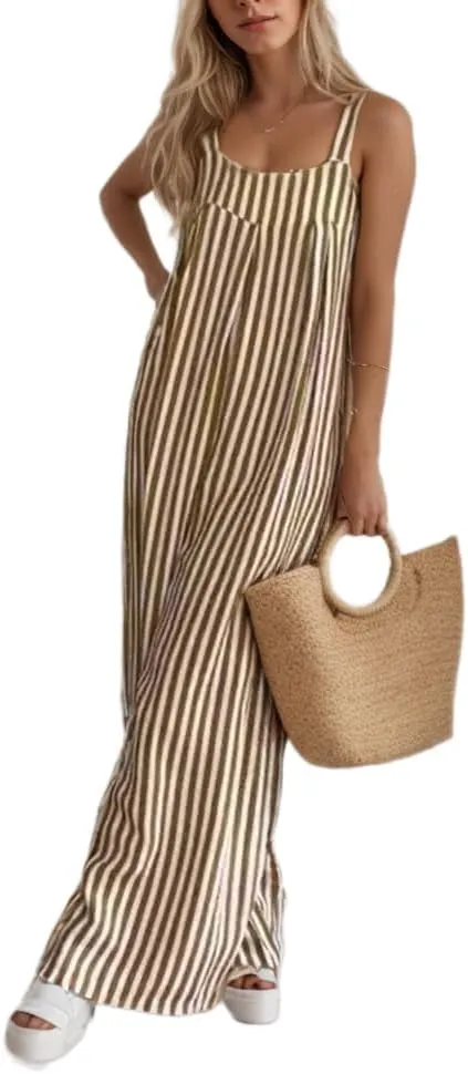 TIAFORD Striped Jumpsuits for Women Casual One Piece Sleeveless Overalls Loose Wide Leg Pant Rompers