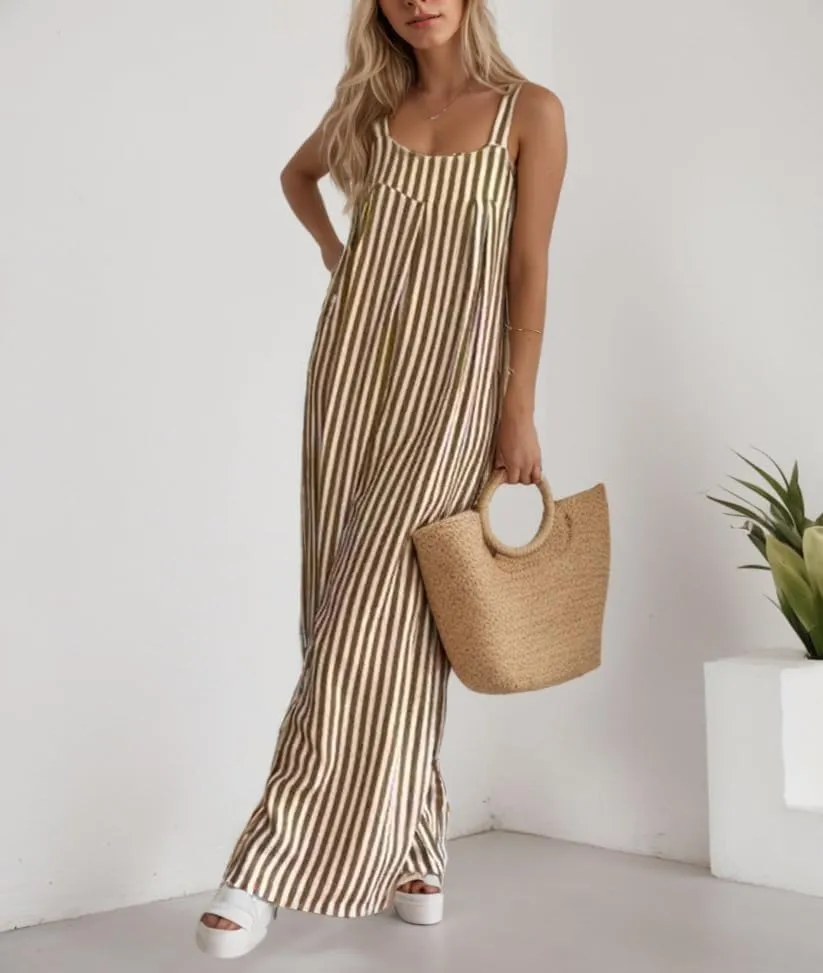 TIAFORD Striped Jumpsuits for Women Casual One Piece Sleeveless Overalls Loose Wide Leg Pant Rompers
