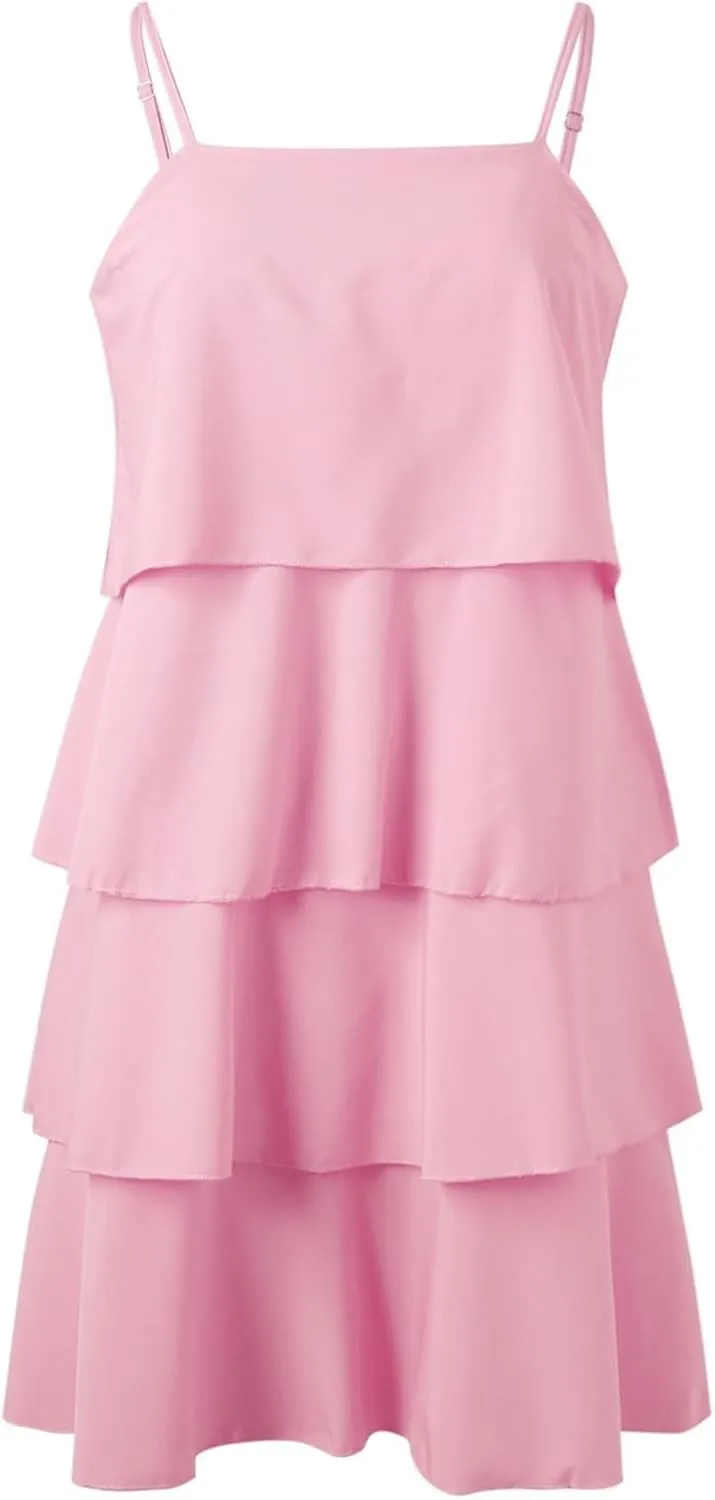 Tiered Ruffle Dress for Women Casual Summer Sleeveless Spaghetti Strap Mini Dress Flowy Layered Vacation Beach Dress