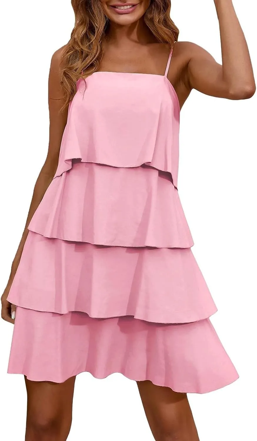 Tiered Ruffle Dress for Women Casual Summer Sleeveless Spaghetti Strap Mini Dress Flowy Layered Vacation Beach Dress