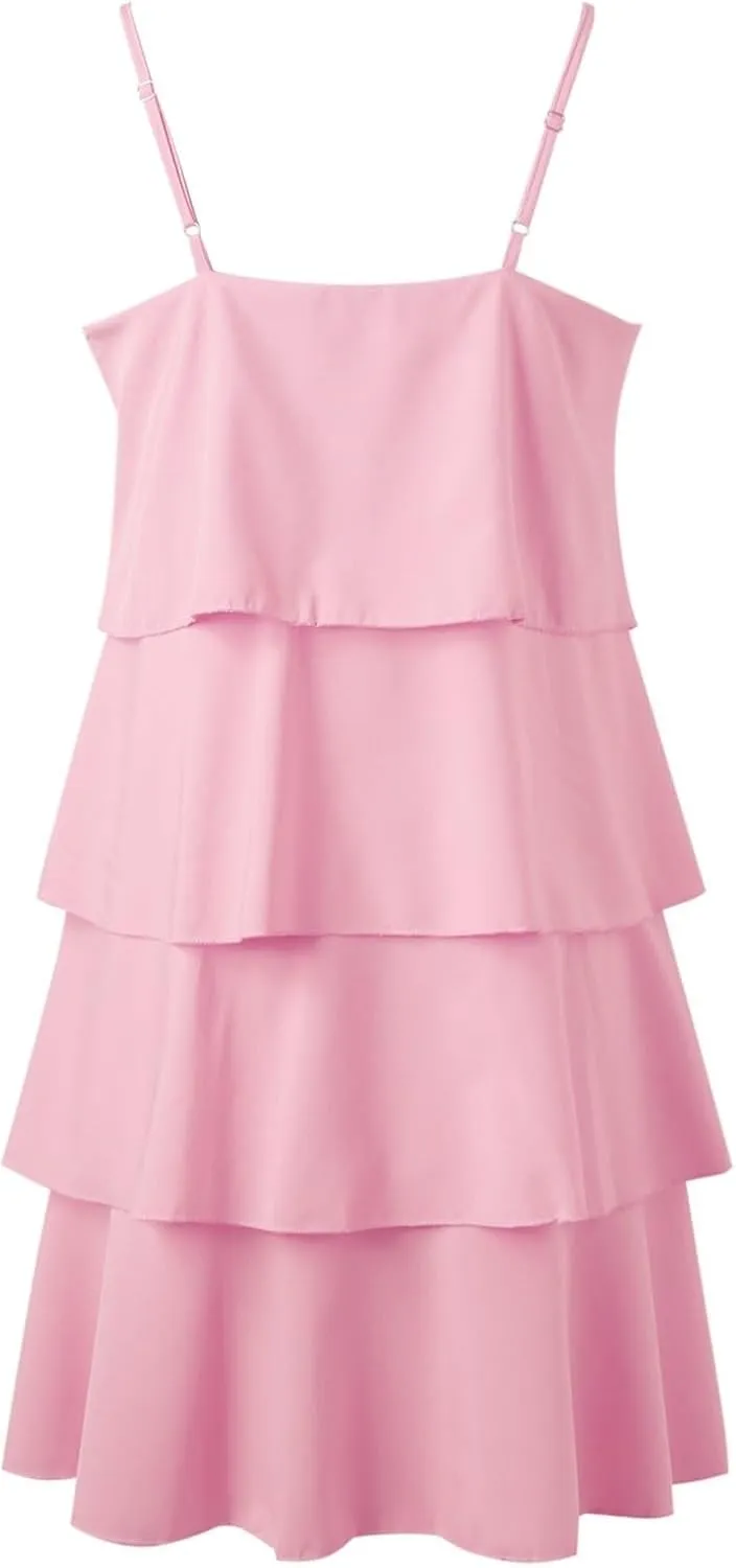 Tiered Ruffle Dress for Women Casual Summer Sleeveless Spaghetti Strap Mini Dress Flowy Layered Vacation Beach Dress