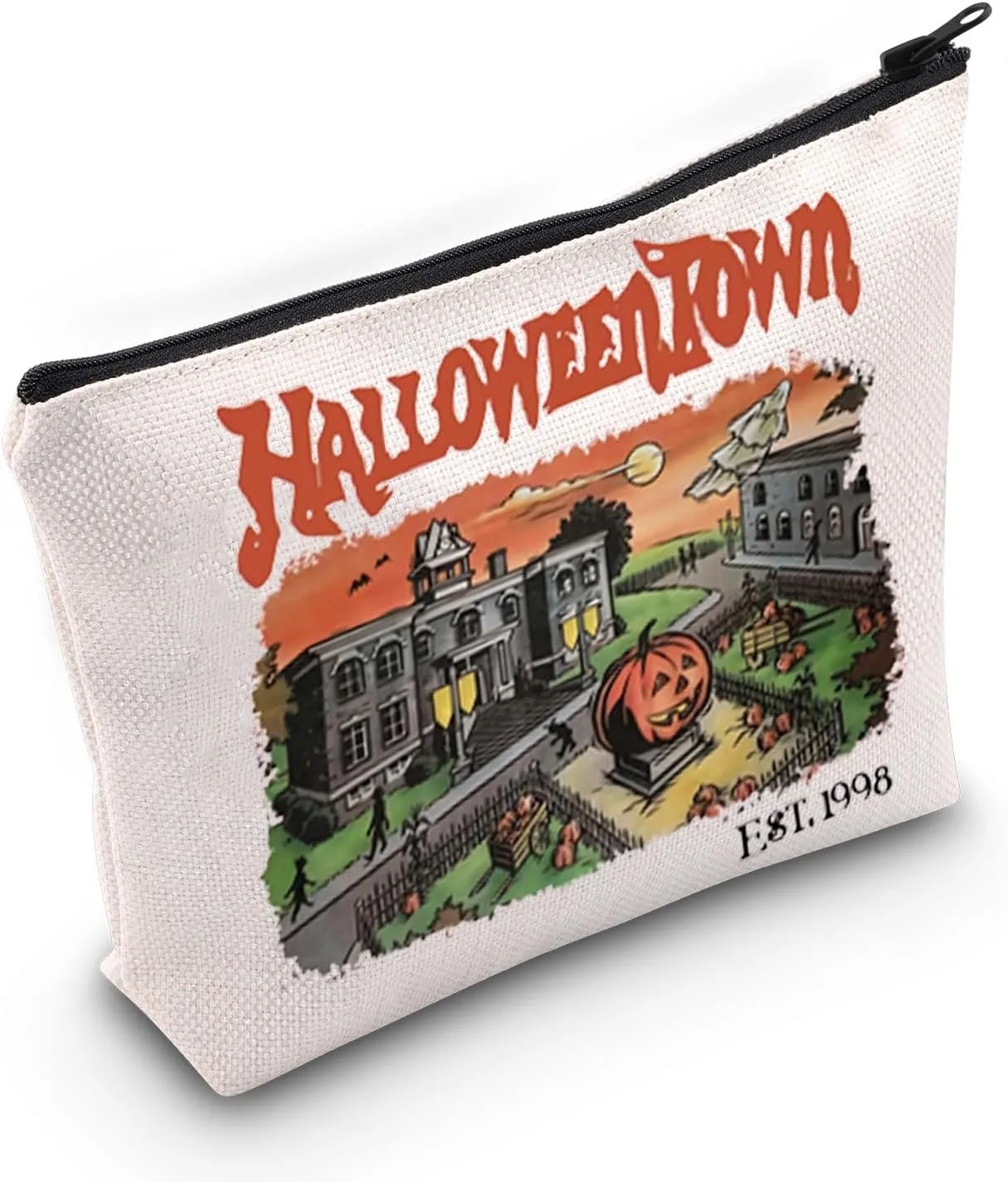 TOBGBE Funny Pumpkin Makeup Bag Halloweentown Est 1998 Zipper Pouch For Halloween Town University Horror Movie Merchandise (HT Est)