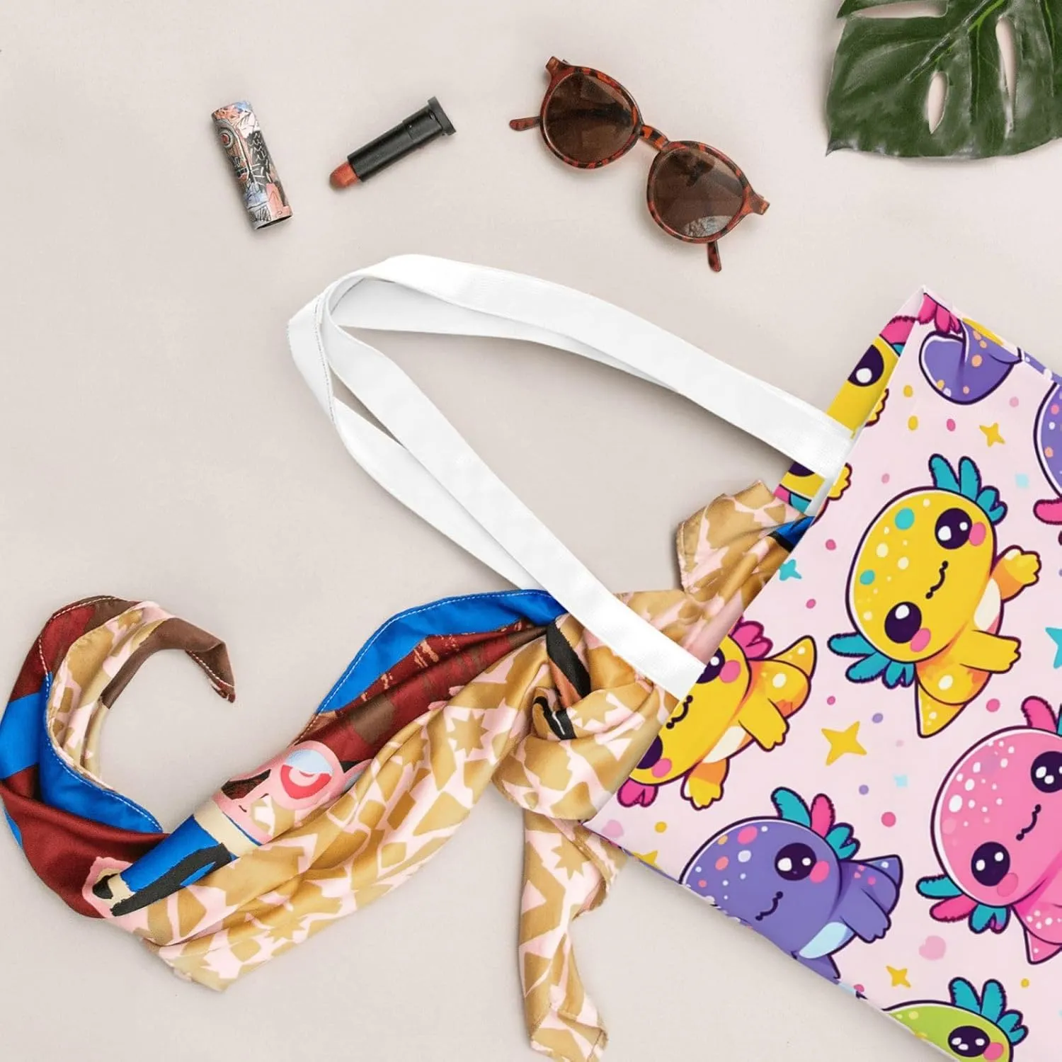Topical Flowers Palm Leaves Tote Bag Reusable Shoulder Tote Bag For Women Lady Vacation, Shopping, Work