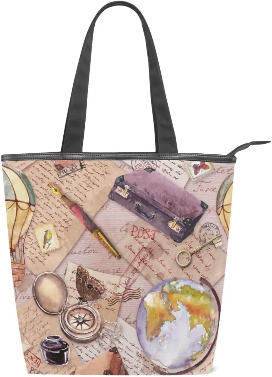 Tote Bag Vintage Papers Suitcase Compass Canvas Zippered Tote Handbag for Women with 2 Interior Pockets