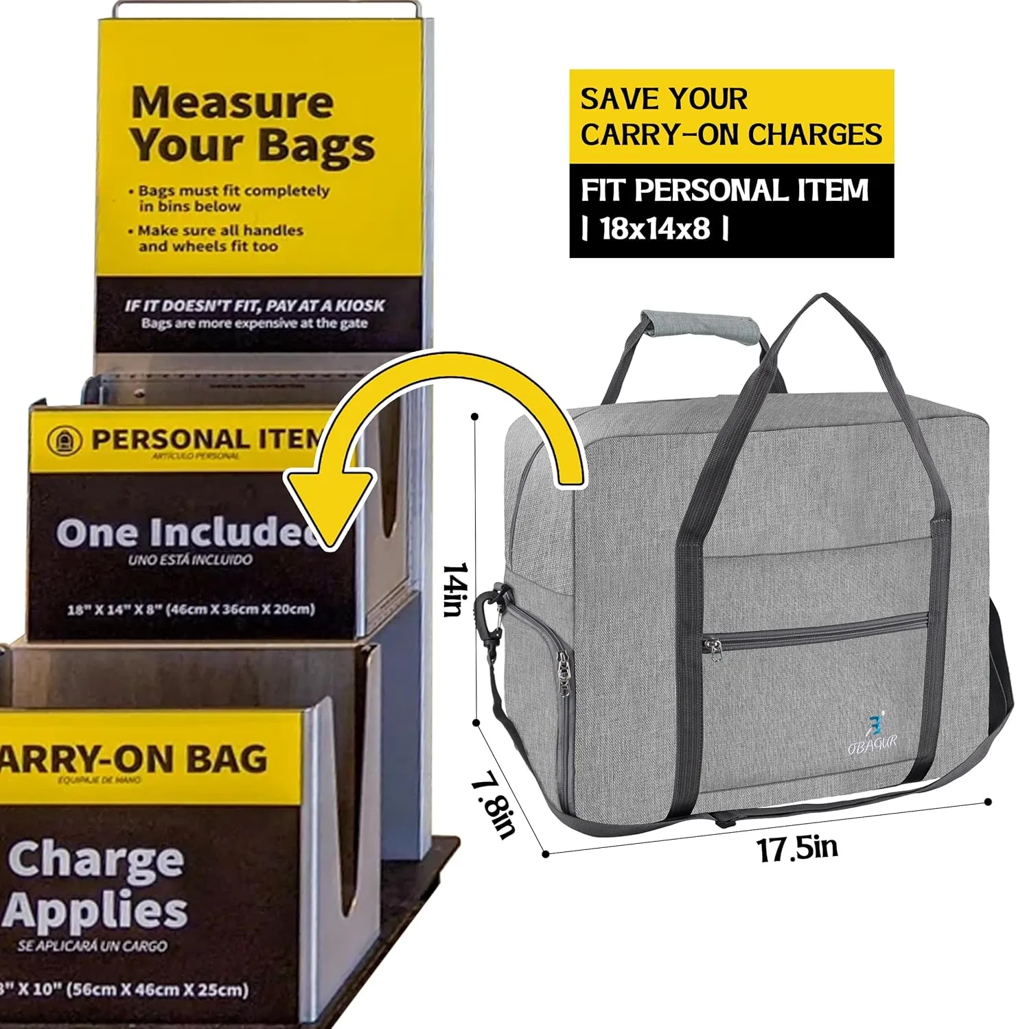 Travel Tote Bag Foldable Travel Duffel Bag For Spirit Airlines Personal Item Bag Weekender Bags for Men Women with Shoe Compartment Carry on Overnight Bag(Snow Gray,20L)