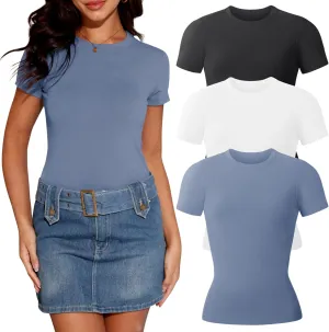 TVKSOM 3 Pack Basic Shirts for Women Short Sleeve Crew Neck Stretchy Fitted Tees Y2k Going Out Tops 2025