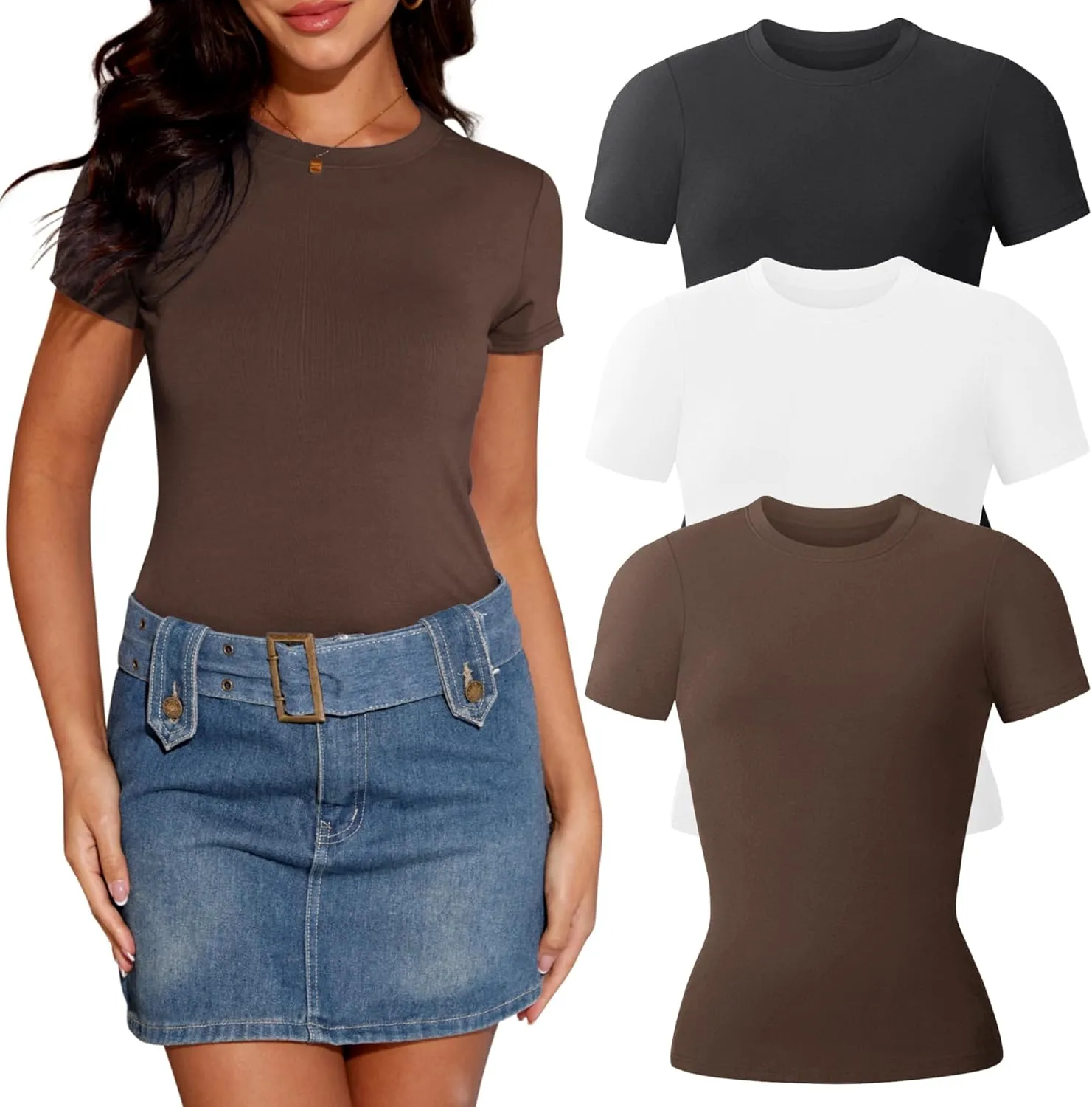 TVKSOM 3 Pack Basic Shirts for Women Short Sleeve Crew Neck Stretchy Fitted Tees Y2k Going Out Tops 2025