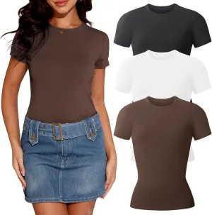 TVKSOM 3 Pack Basic Shirts for Women Short Sleeve Crew Neck Stretchy Fitted Tees Y2k Going Out Tops 2025