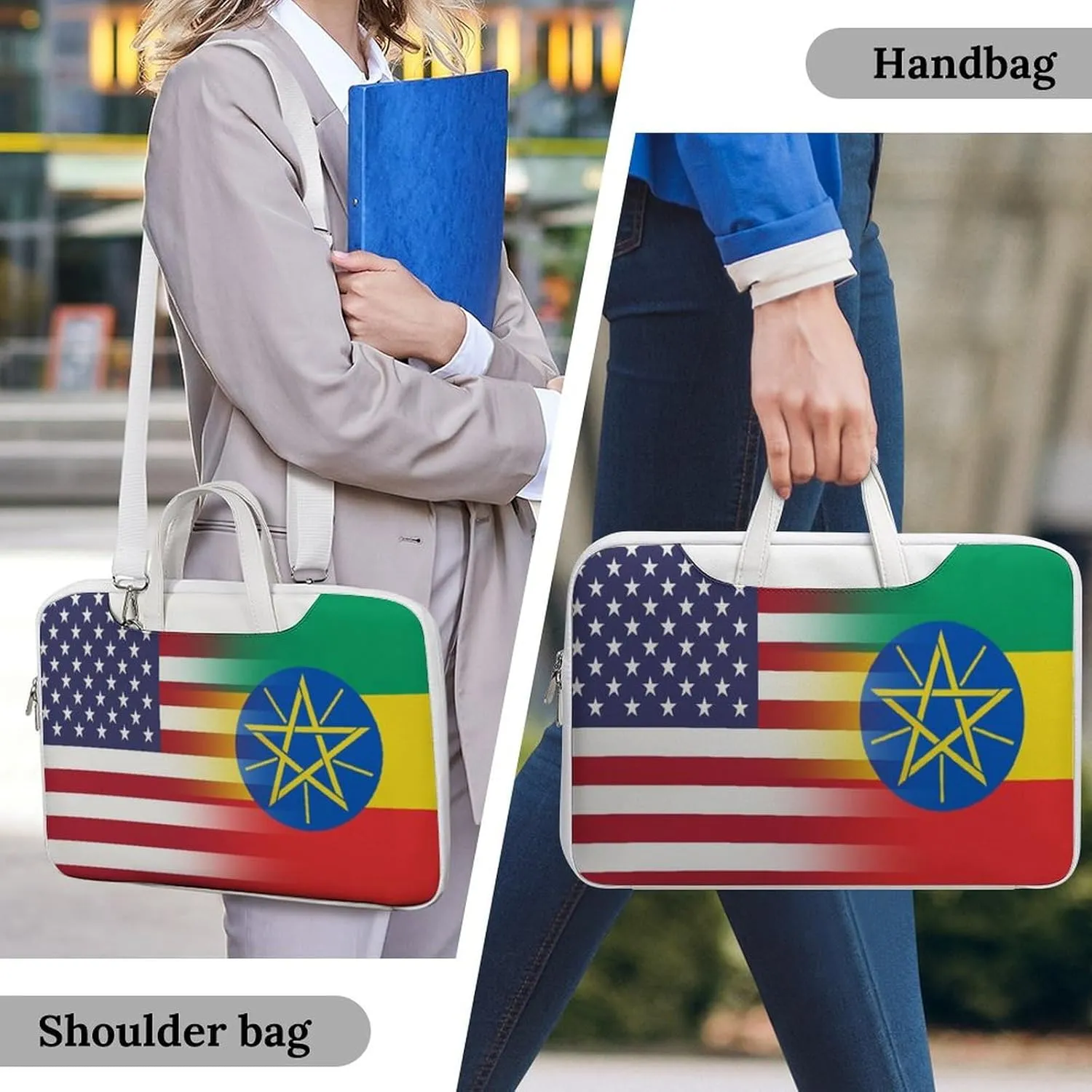 U.S.A Ethiopia Flag Leather Bag Laptop Case Slim Water Resistant Computer Bags with Handle Briefcase for Work