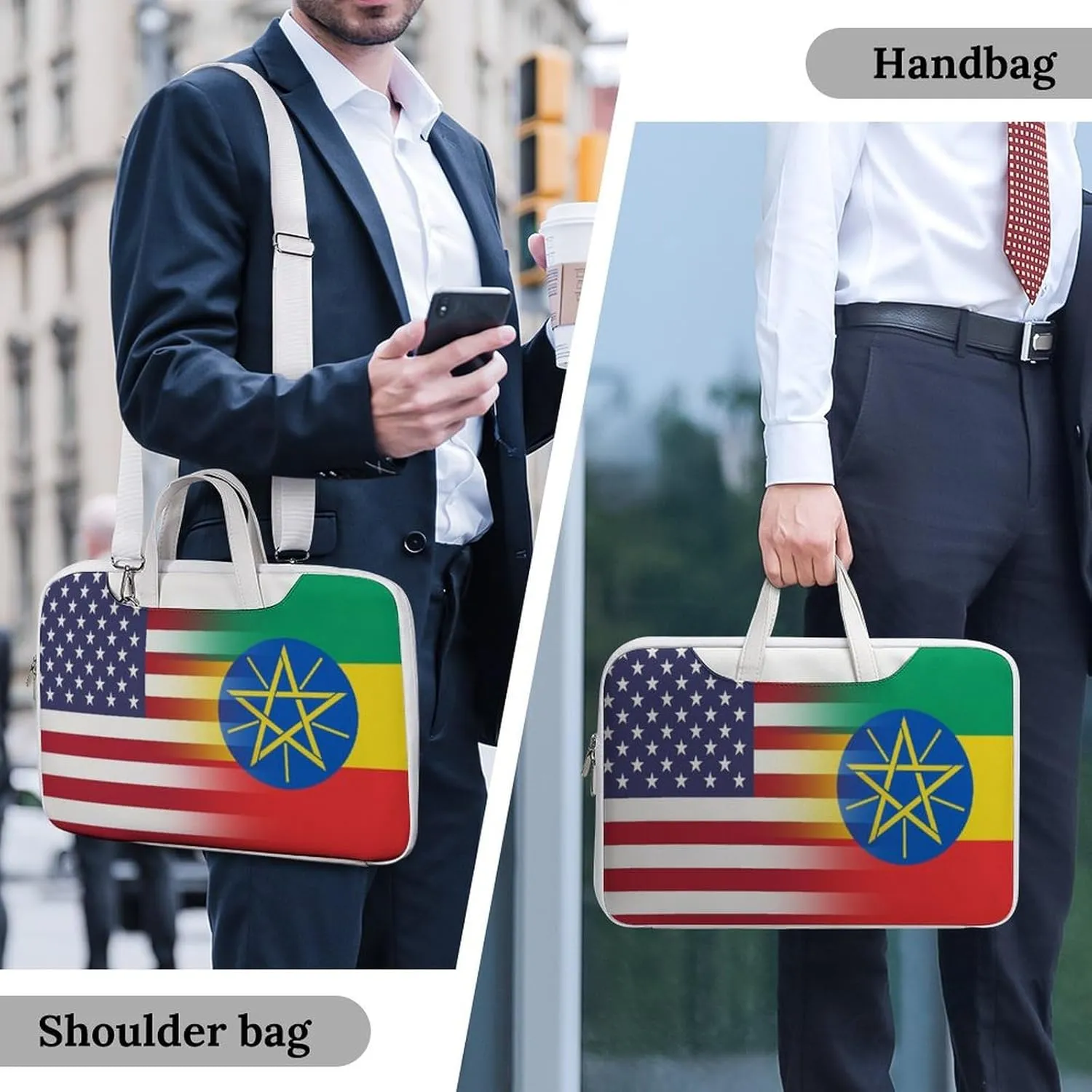 U.S.A Ethiopia Flag Leather Bag Laptop Case Slim Water Resistant Computer Bags with Handle Briefcase for Work