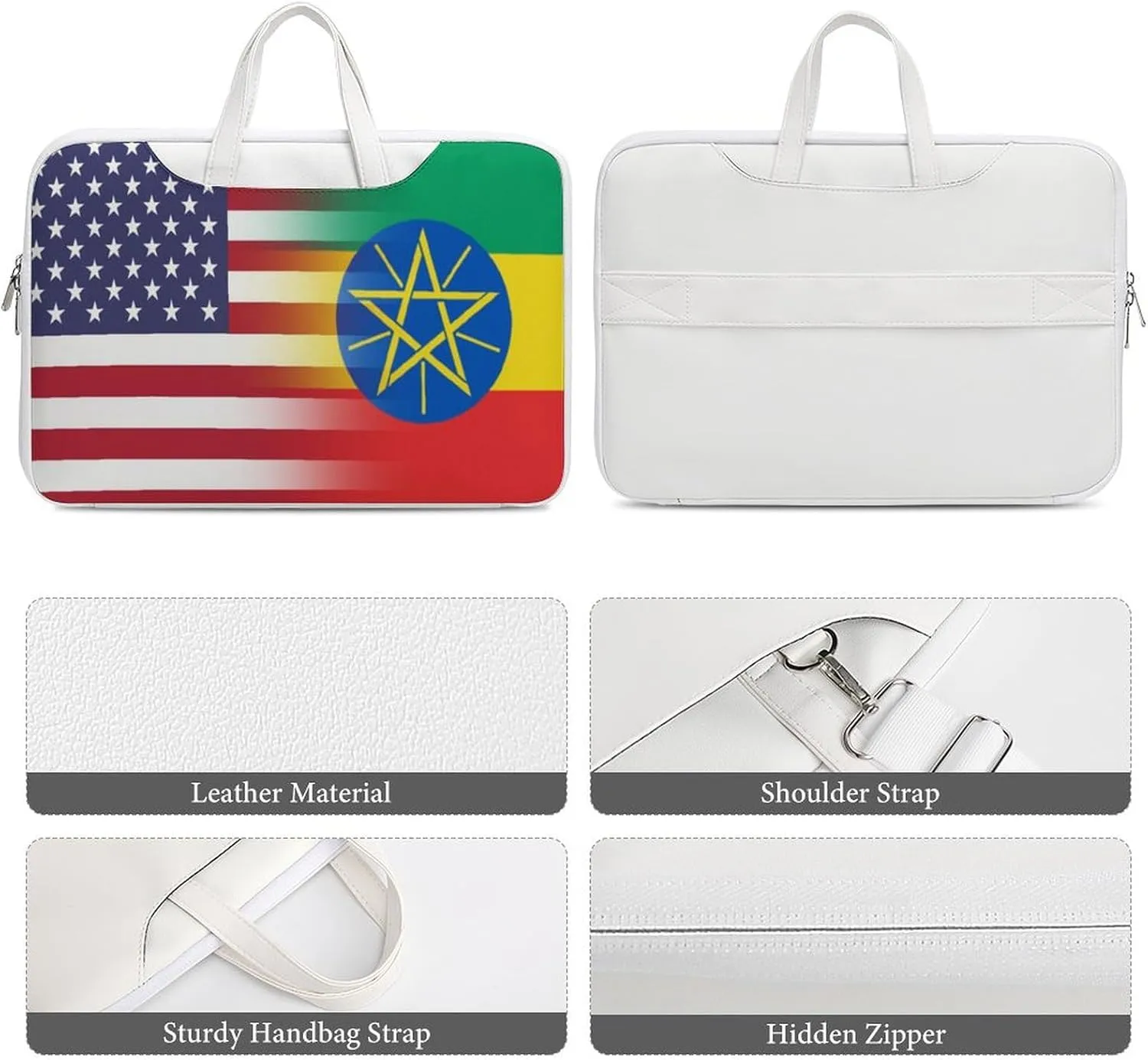 U.S.A Ethiopia Flag Leather Bag Laptop Case Slim Water Resistant Computer Bags with Handle Briefcase for Work